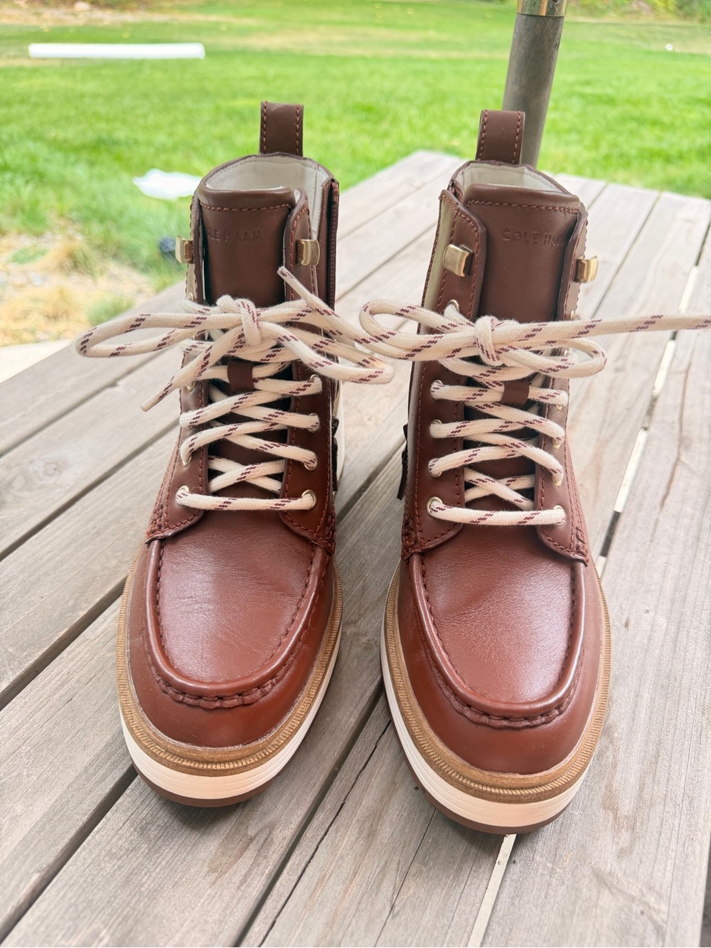 Cole Haan Women’s Chestnut Brown Leather Chukka Boots with Cream Laces